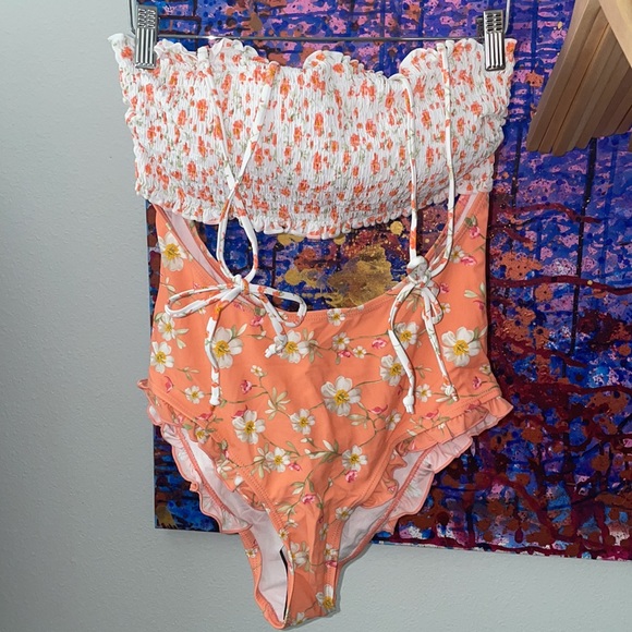 White and Pink Floral Smocked One Piece Swimsuit - Picture 4 of 6